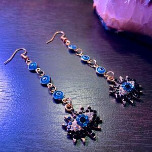 Gold-Plated Evil Eye Drop Earrings Multi-Layered CZ Third Eye Dangles – Vintage